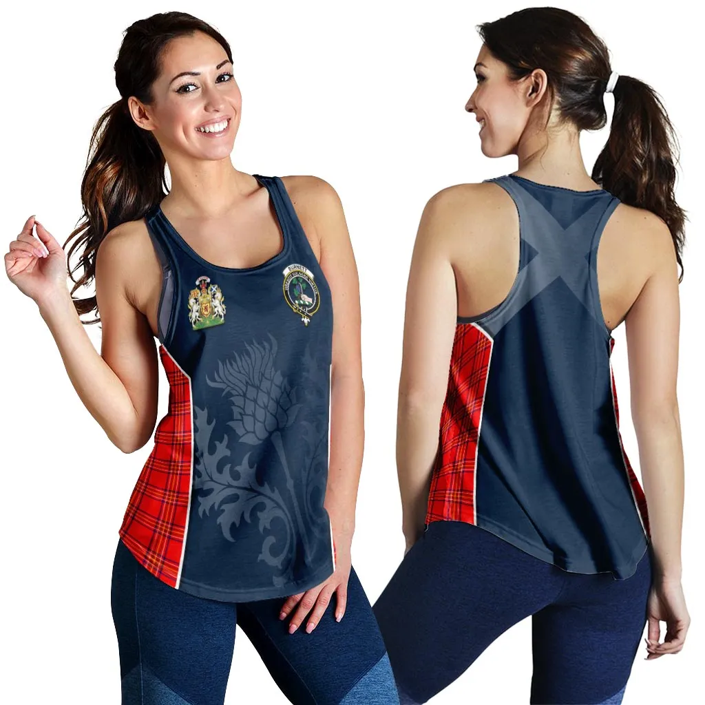 Burnett Modern Tartan Women's Racerback Tanks with Family Crest and Scottish Thistle Vibes Sport Style