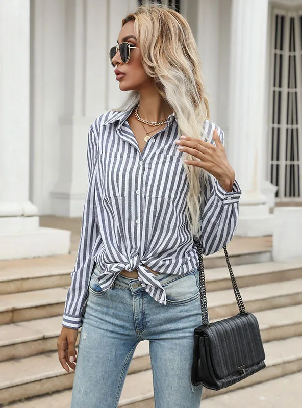 Button Cardigan Striped Lapel Shirt