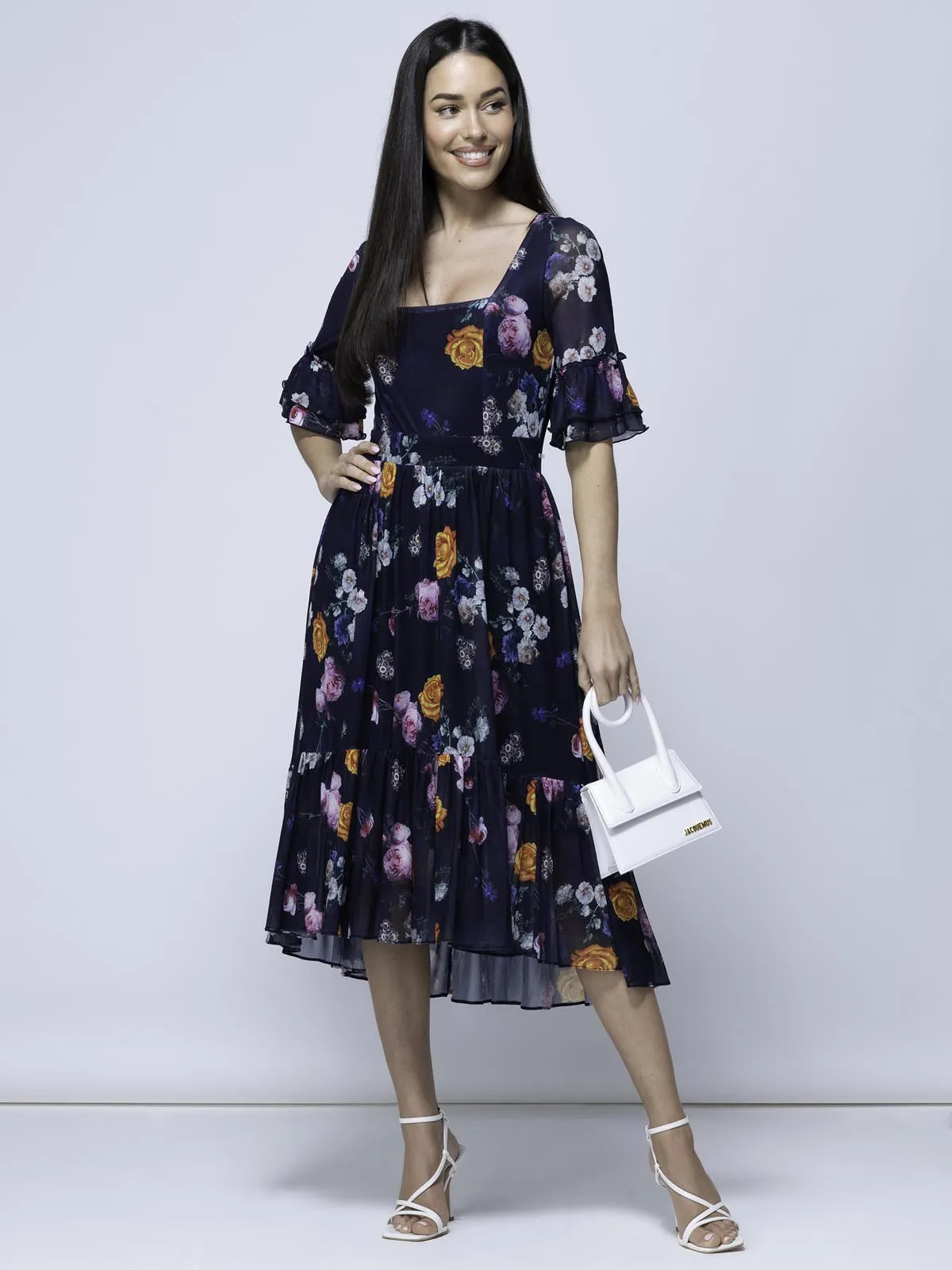 Carlene Mesh Square Neck Midi Dress, Navy Orange Floral