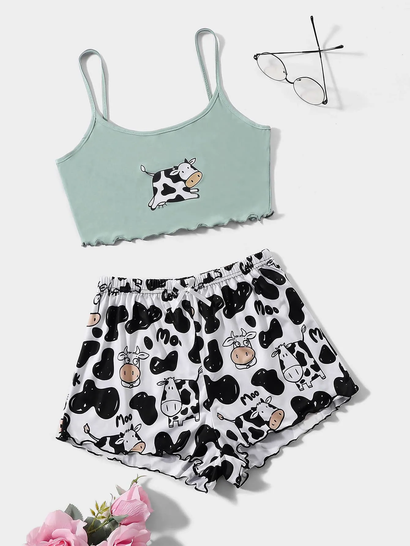 Cow Print Lettuce Trim Pajama Set