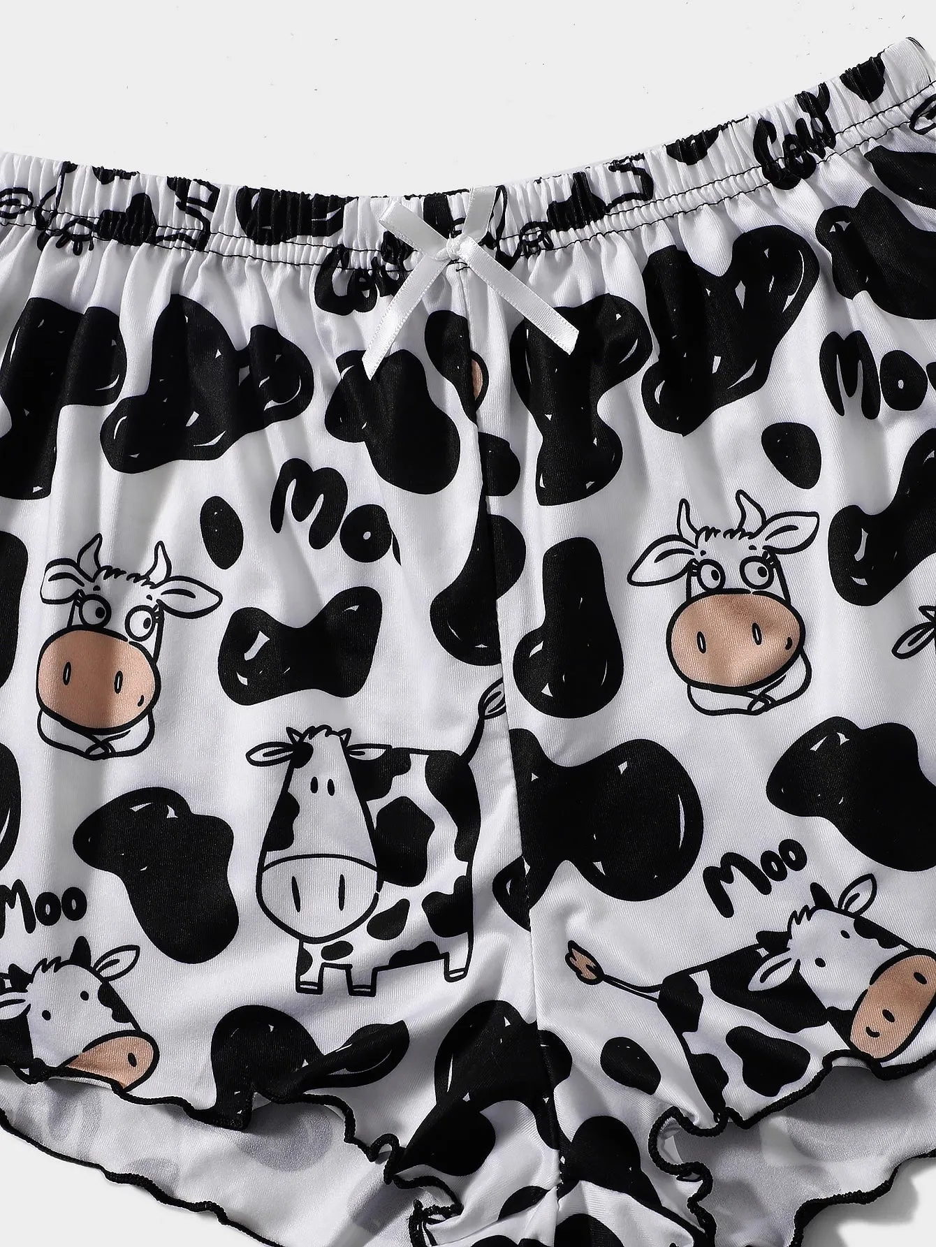 Cow Print Lettuce Trim Pajama Set