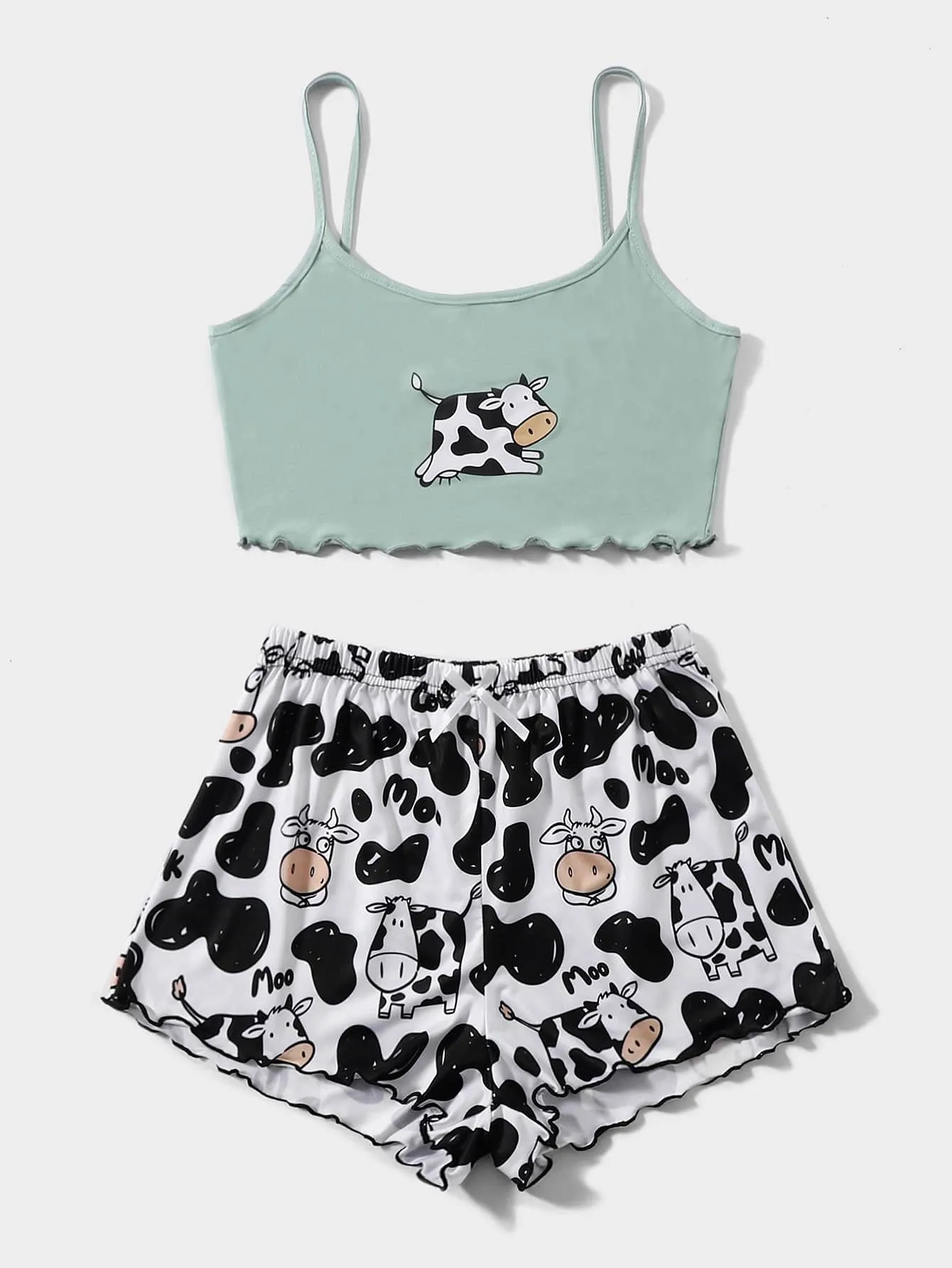 Cow Print Lettuce Trim Pajama Set