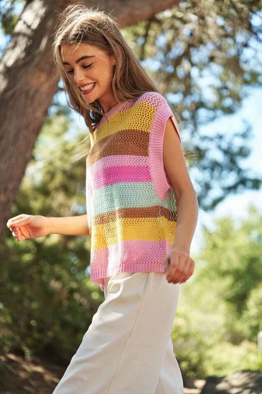 Crochet Multi Striped Pullover Knit Sweater Vest  (Online Only/Ships from USA)