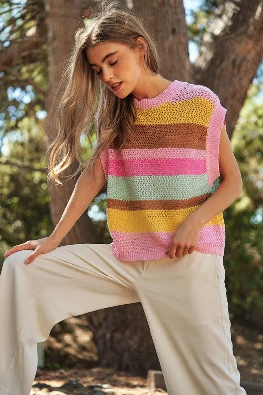 Crochet Multi Striped Pullover Knit Sweater Vest  (Online Only/Ships from USA)