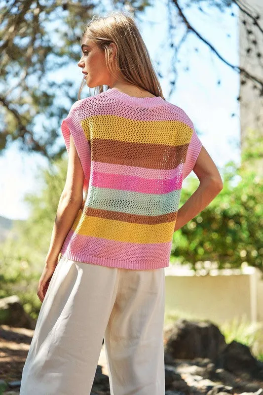 Crochet Multi Striped Pullover Knit Sweater Vest