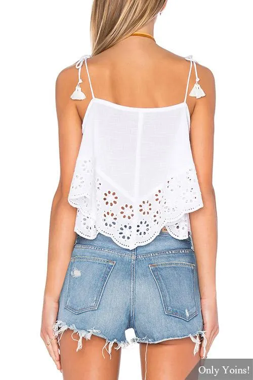 Custom Round Neck Crochet Lace Embellished Sleeveless White Camis