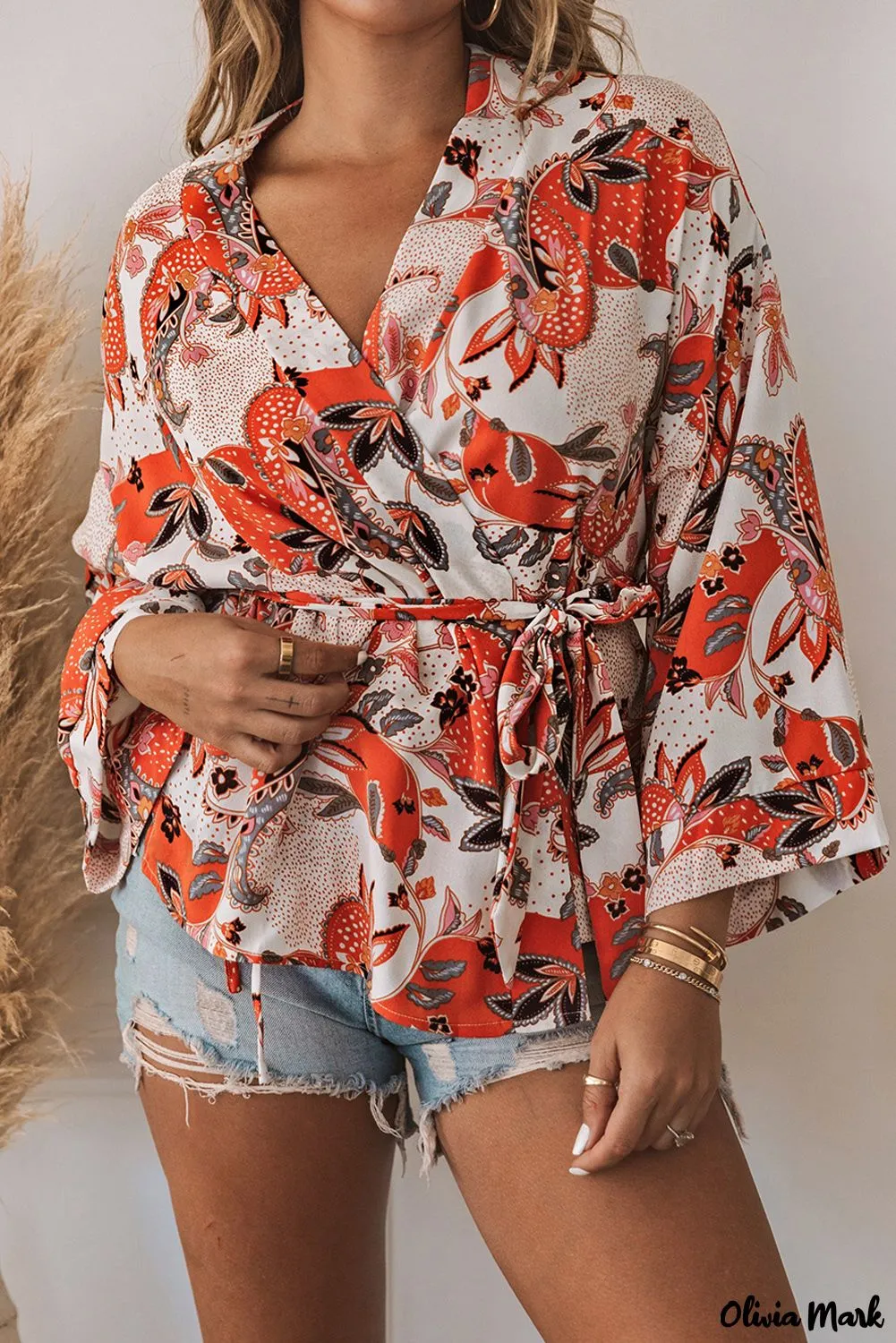 Deanwangkt - Orange floral wrap kimono blouse