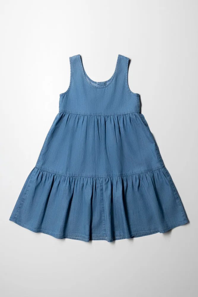 Denim Strappy Tiered Dress With Buttons Lt Wash