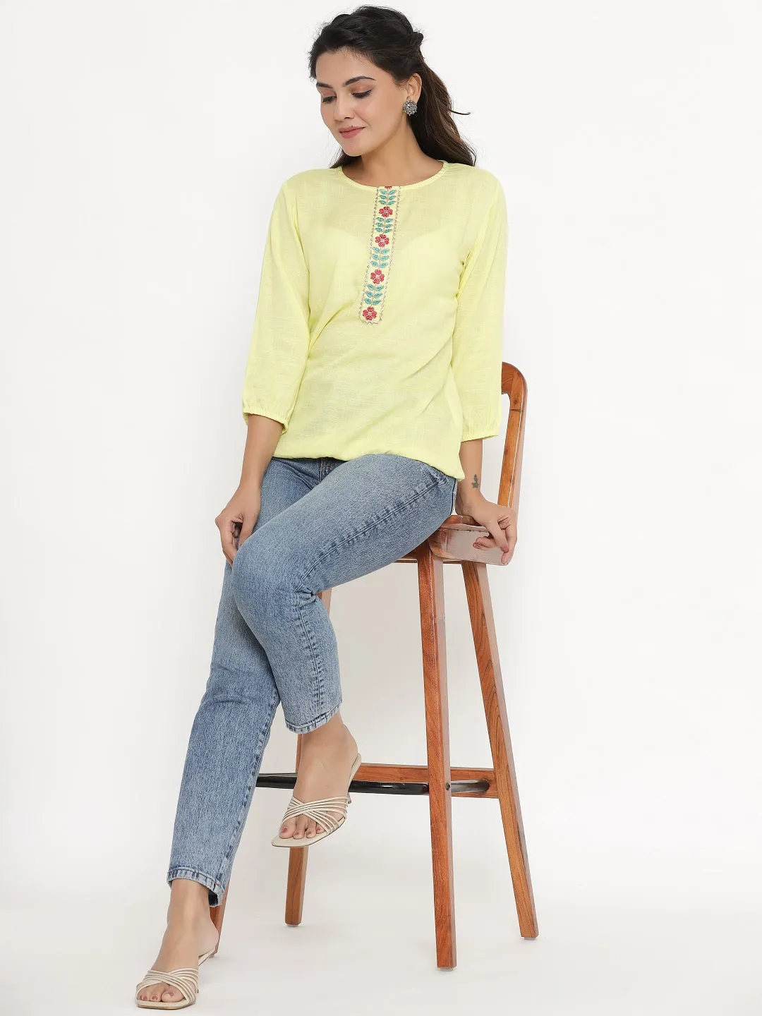 Embroidered Solid Elasticated Top - Lemon Yellow