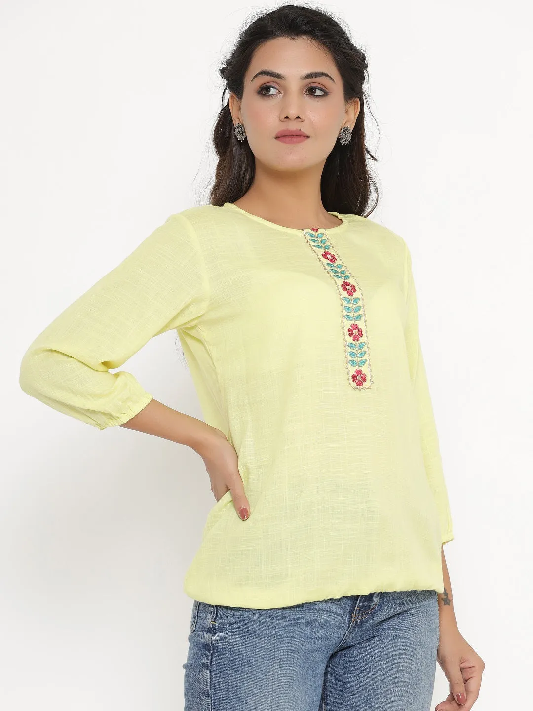 Embroidered Solid Elasticated Top - Lemon Yellow