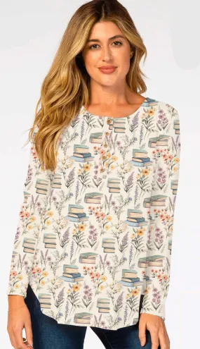 Fan Favorites Books & Bouquets - Women's Long Sleeve Printed Bamboo Snap Top