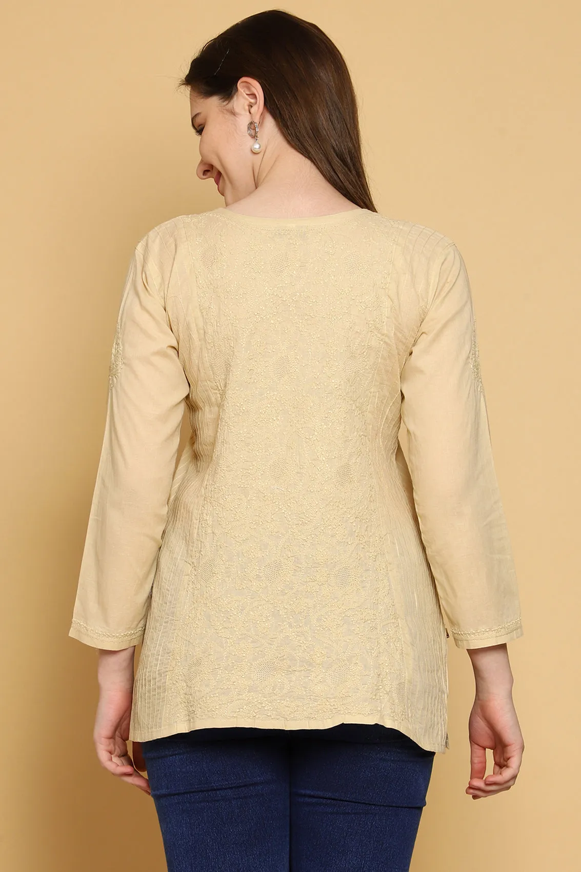 Fawn Hand Embroidered Chikankari Side-Pleated Tunic Top