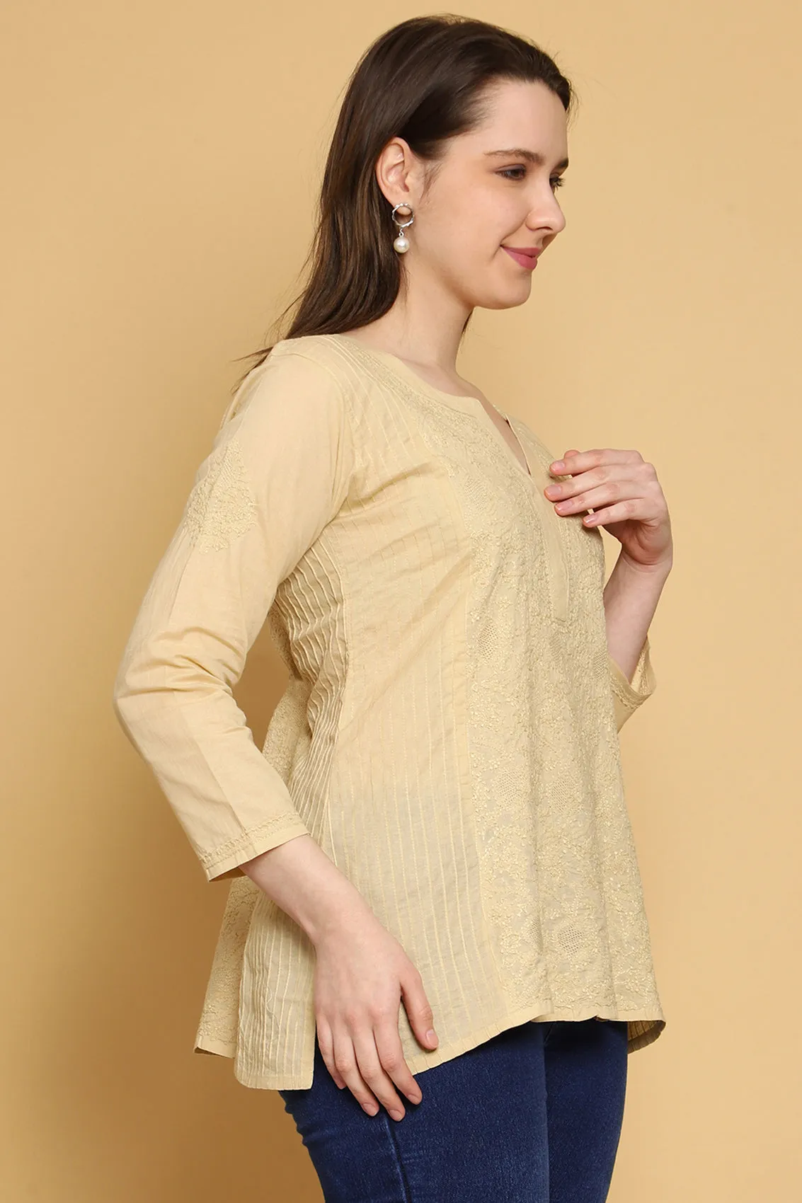 Fawn Hand Embroidered Chikankari Side-Pleated Tunic Top