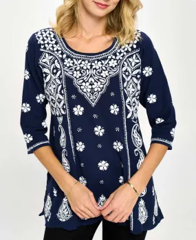 Floral Embroidered Navy Blue Cotton Tunic