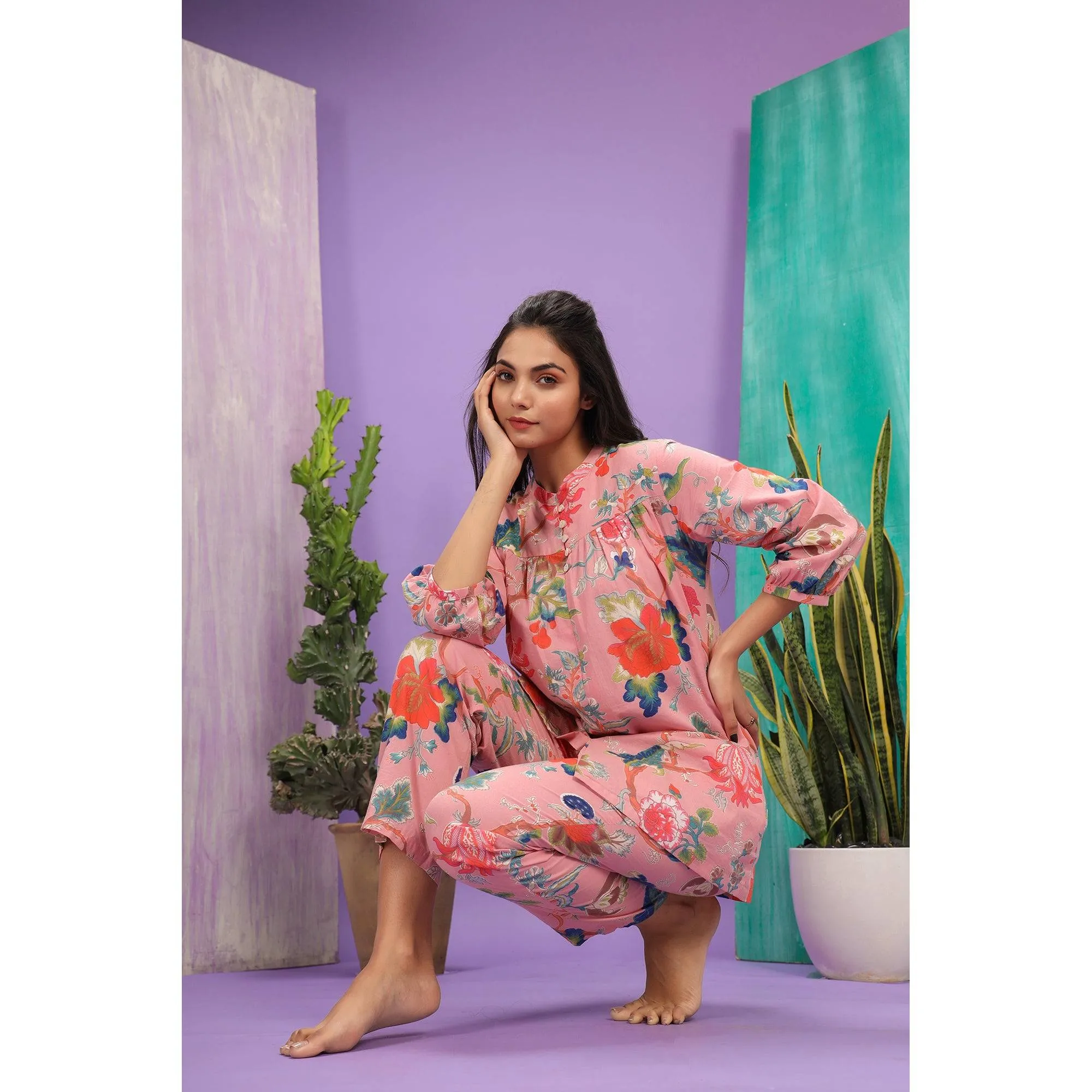 Floral Jaal On Pink Loungewear Top Set