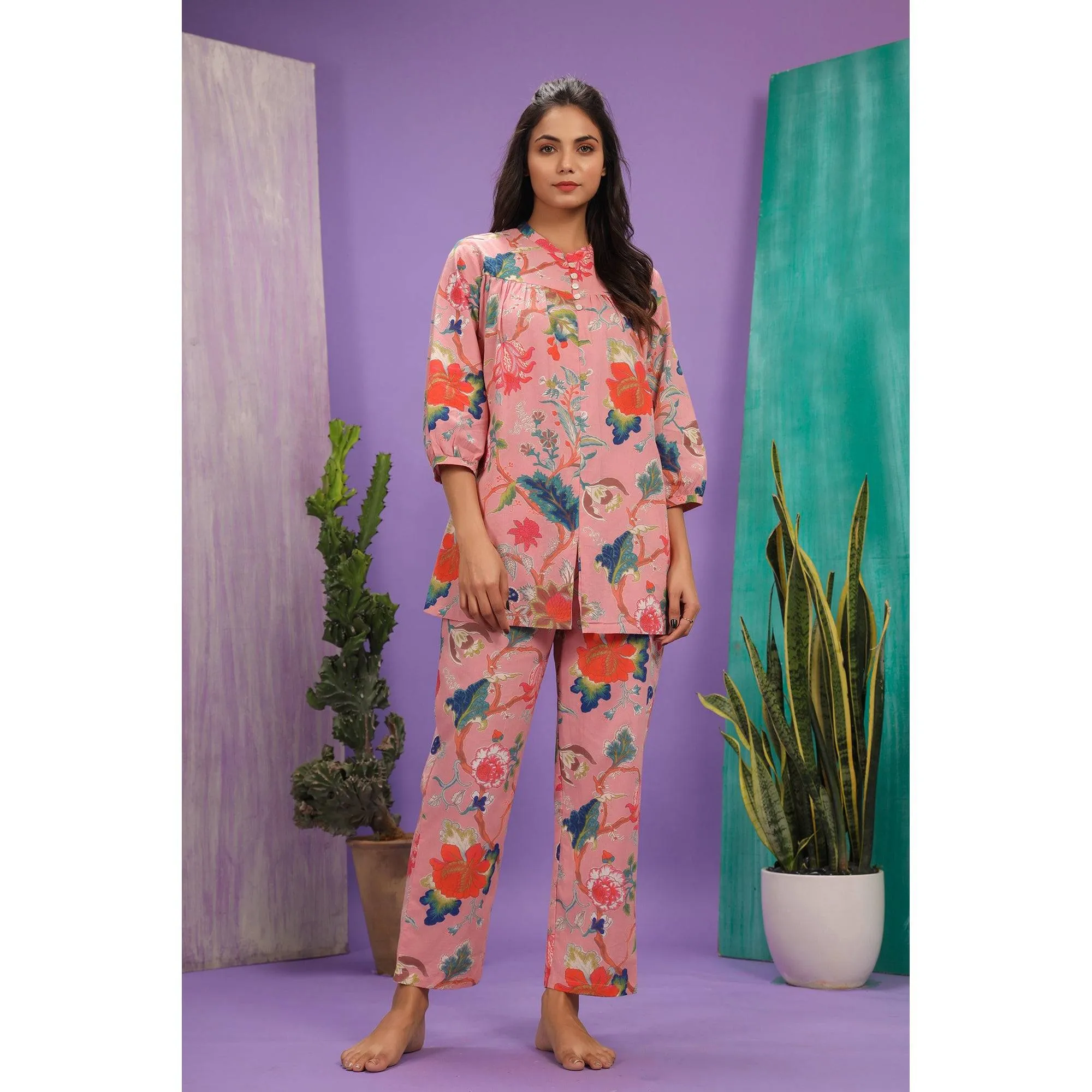 Floral Jaal On Pink Loungewear Top Set