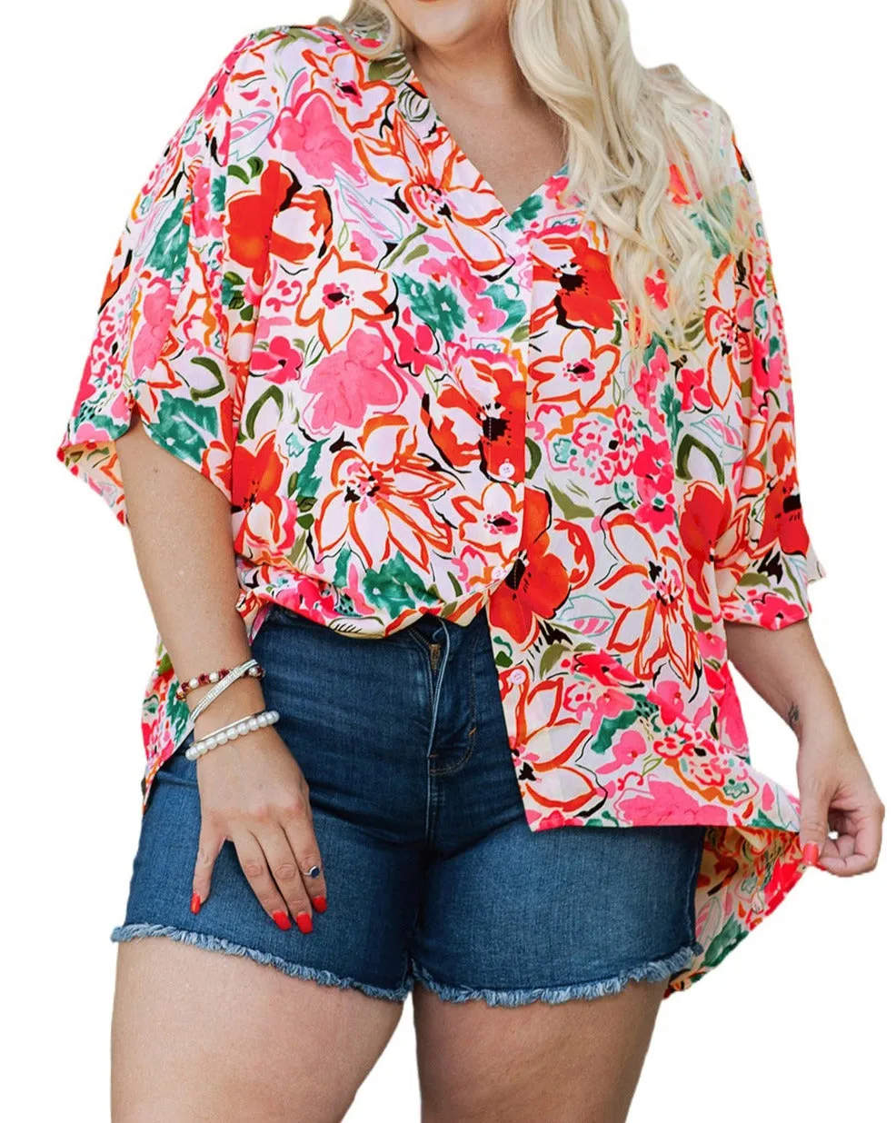 Floral Kimono Sleeve Shirt Plus Size