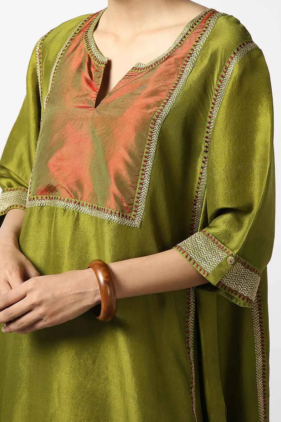 Green Applique Silk Kurta