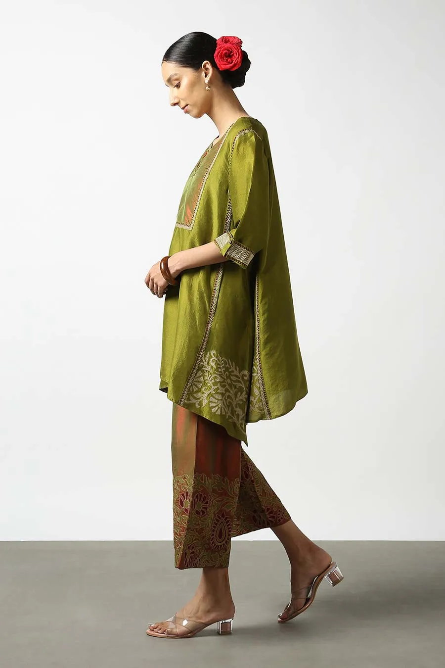 Green Applique Silk Kurta