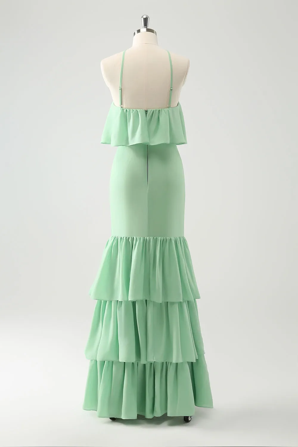 Green Tiered Chiffon Mermaid Halter Tiered Maxi Dress