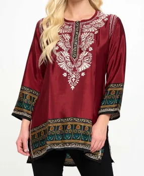 Hand-Embroidered Burgundy Tunic Top