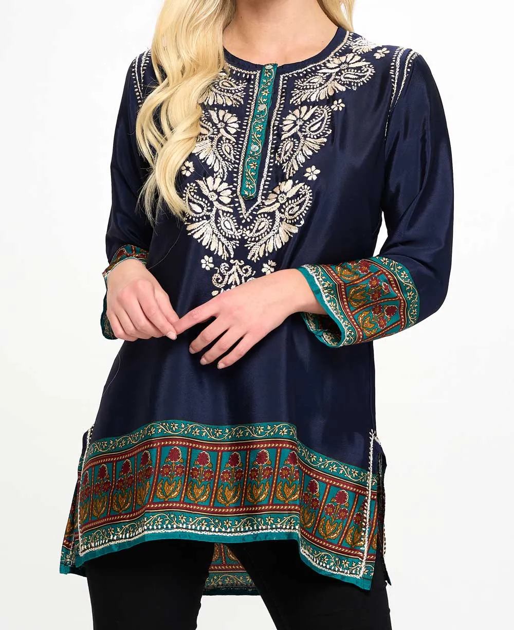 Hand-Embroidered Navy Tunic Top