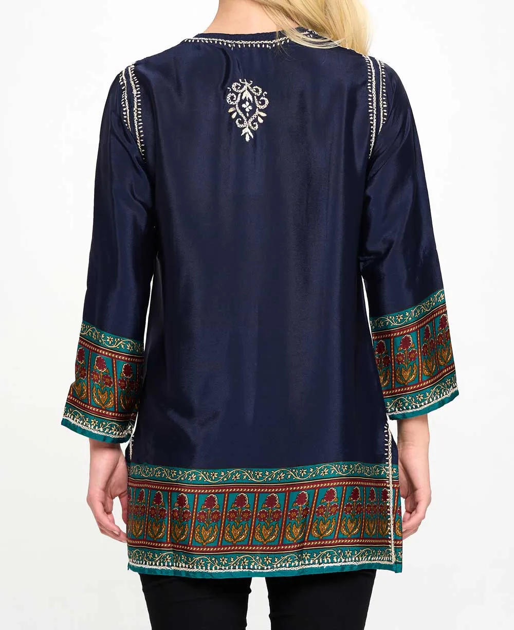 Hand-Embroidered Navy Tunic Top