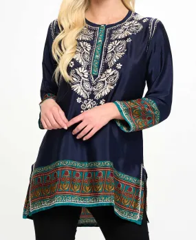 Hand-Embroidered Navy Tunic Top