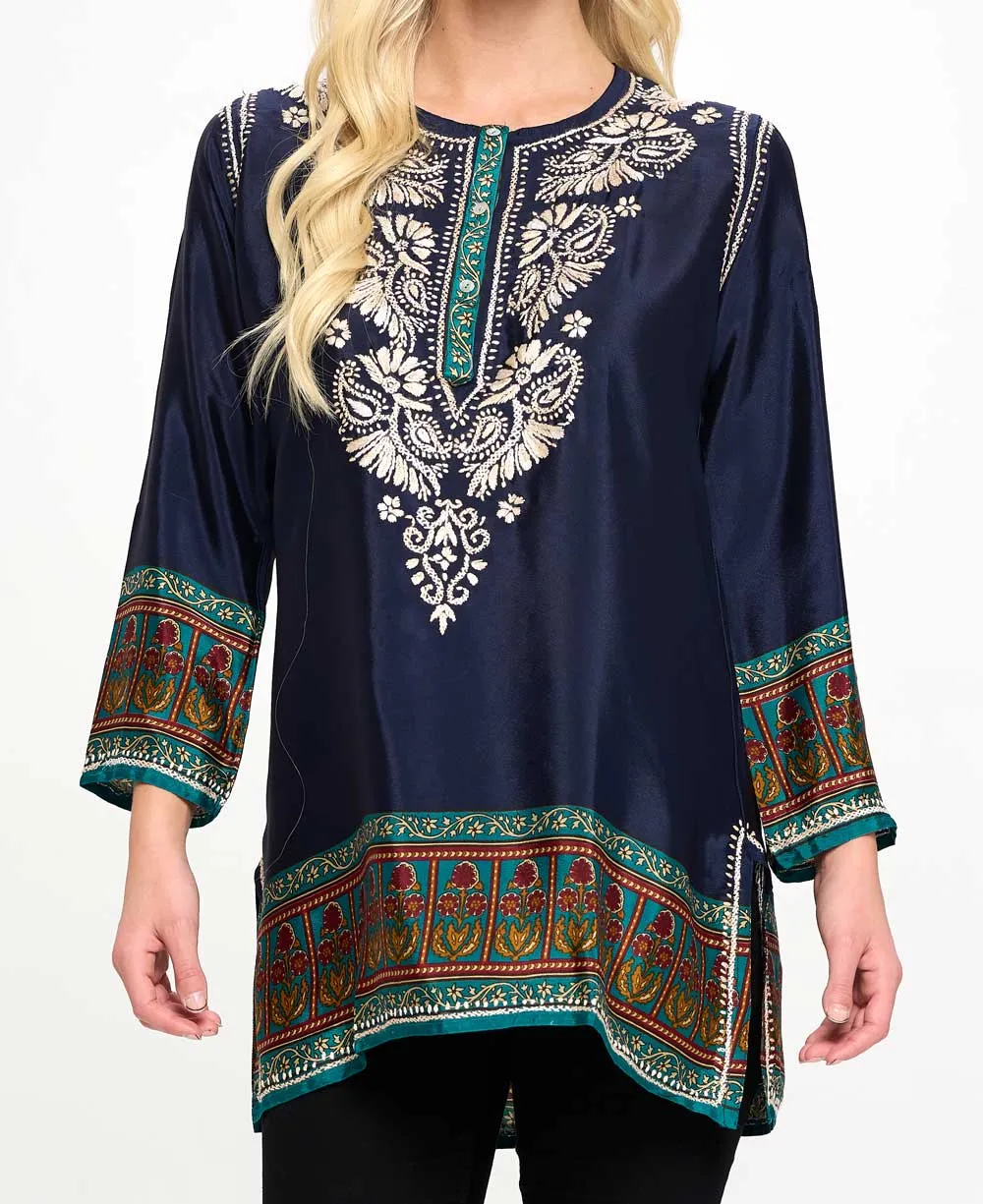 Hand-Embroidered Navy Tunic Top