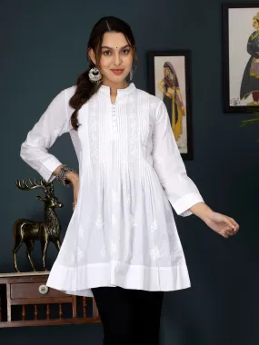 Hand Embroidered Women White Chikankari Cotton Tunic-PC1825