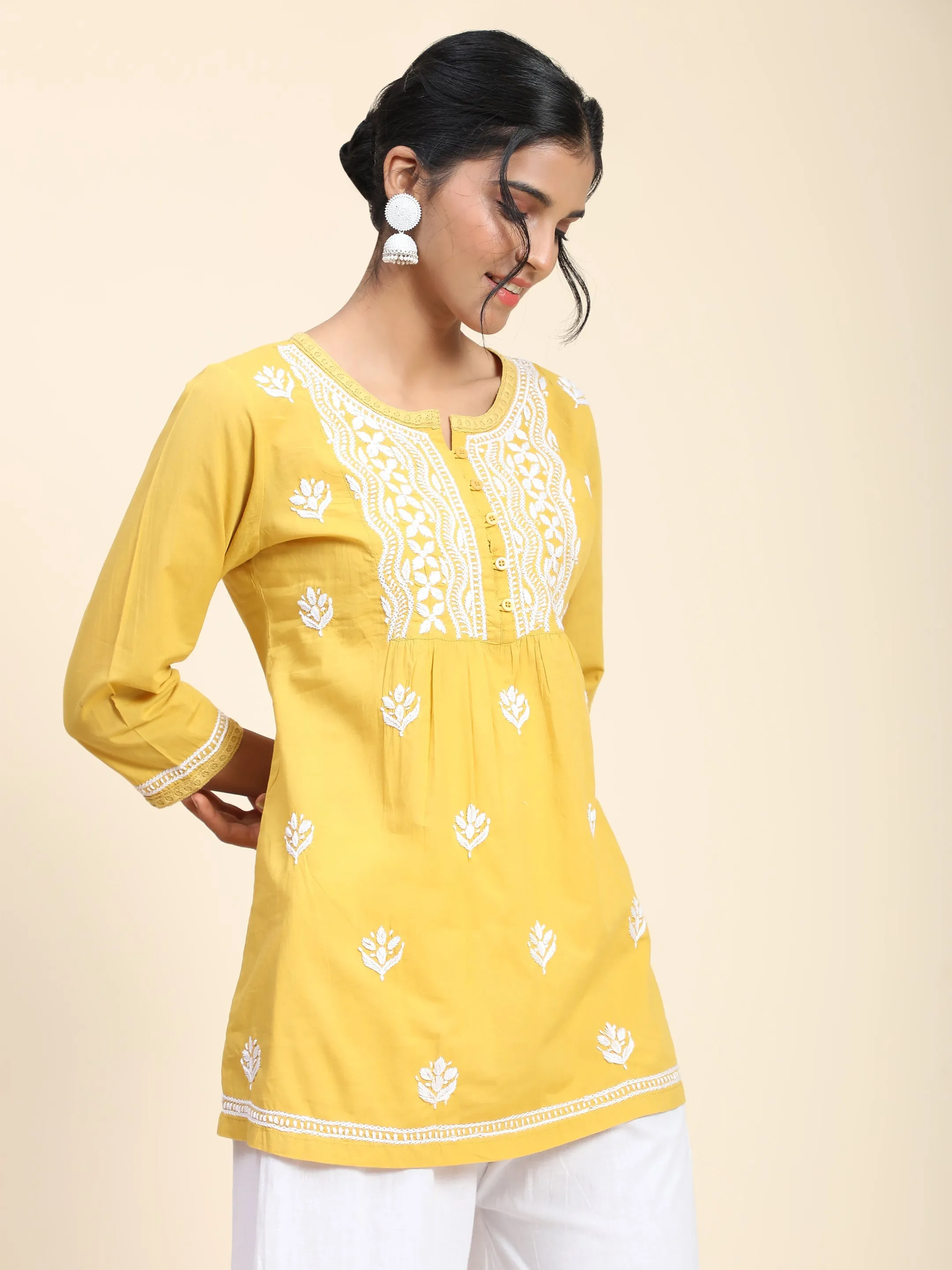 Hand Embroidery Chikankari Short Cotton Tunics-Yellow