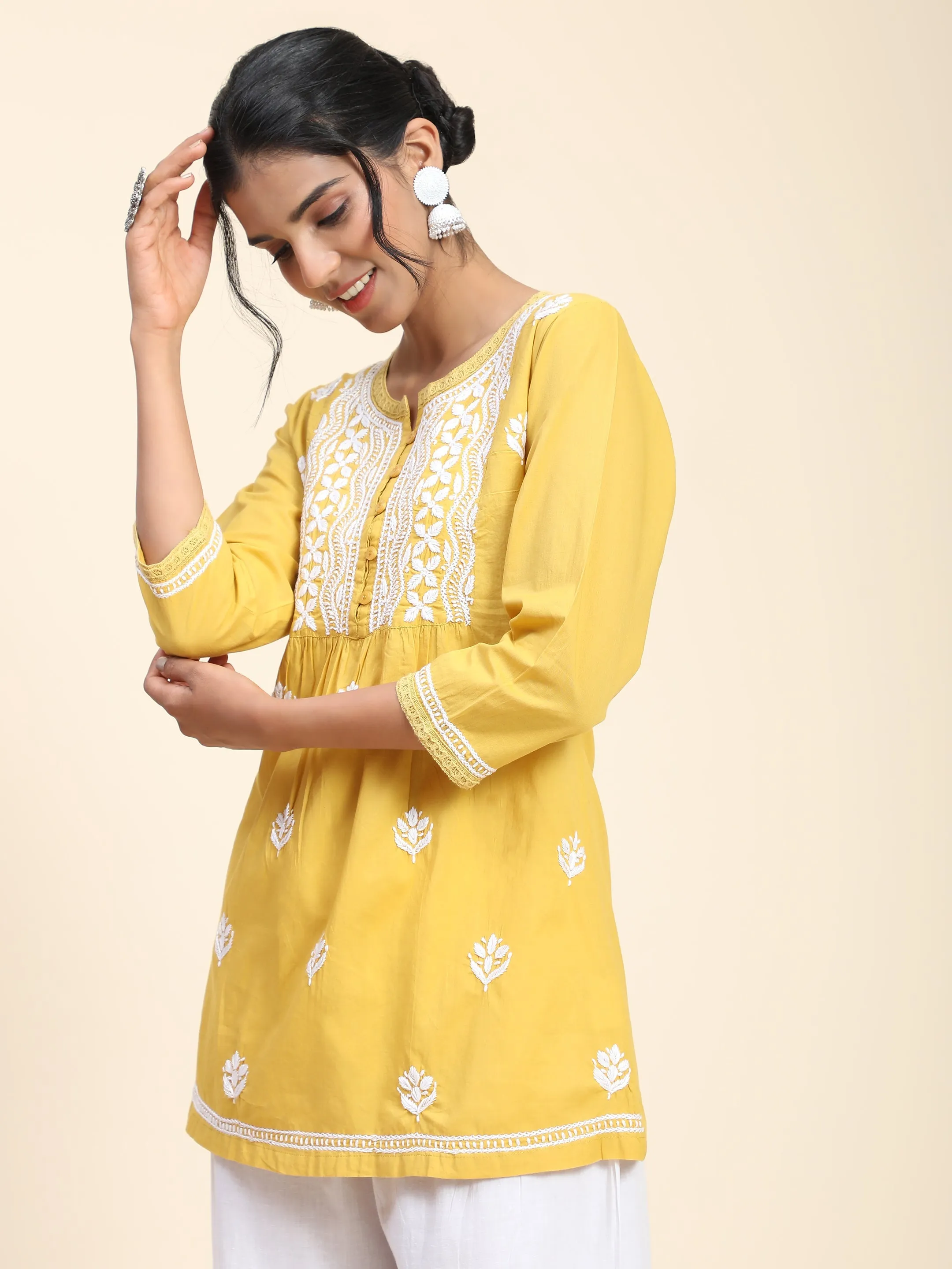 Hand Embroidery Chikankari Short Cotton Tunics-Yellow