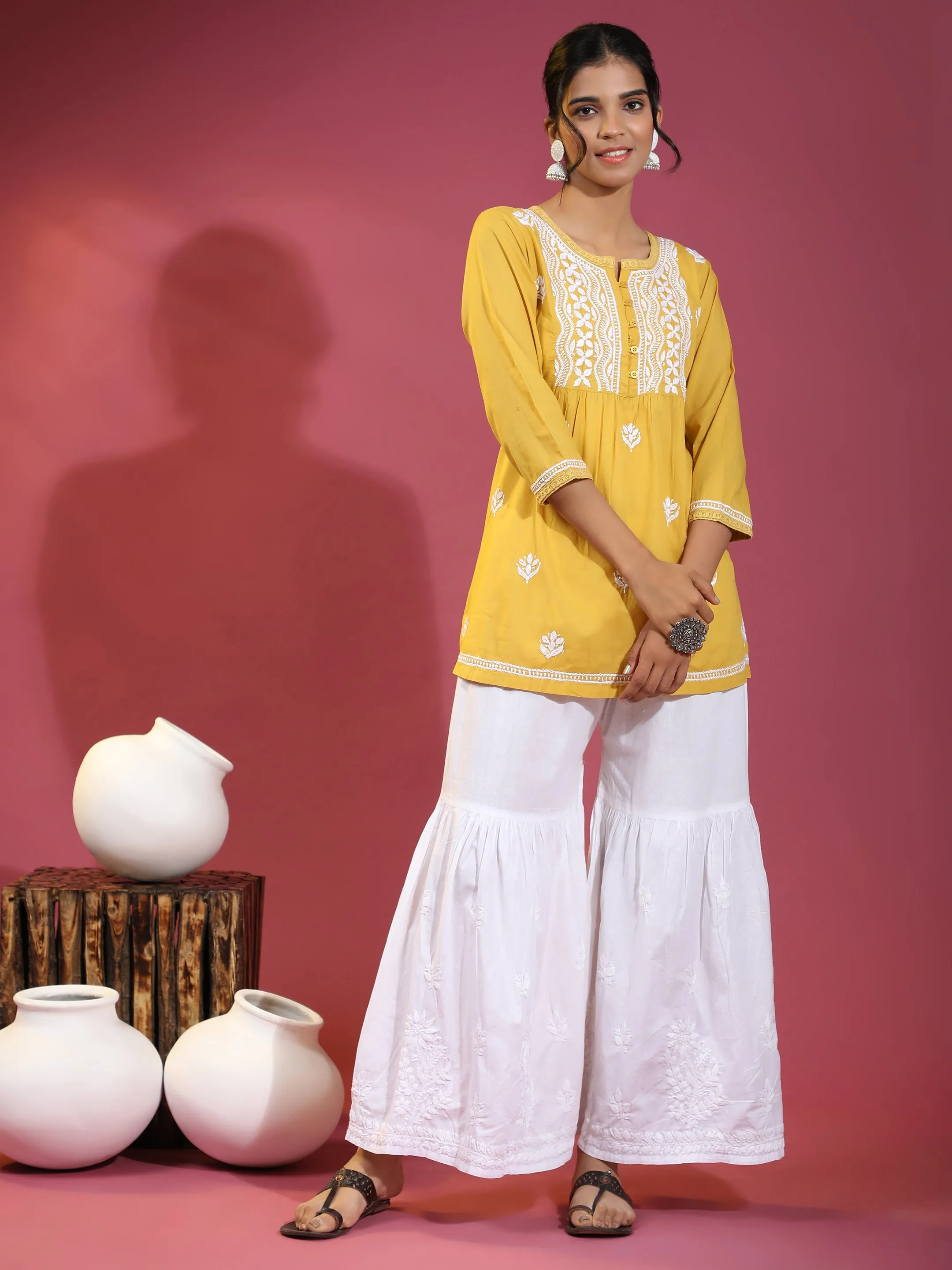 Hand Embroidery Chikankari Short Cotton Tunics-Yellow