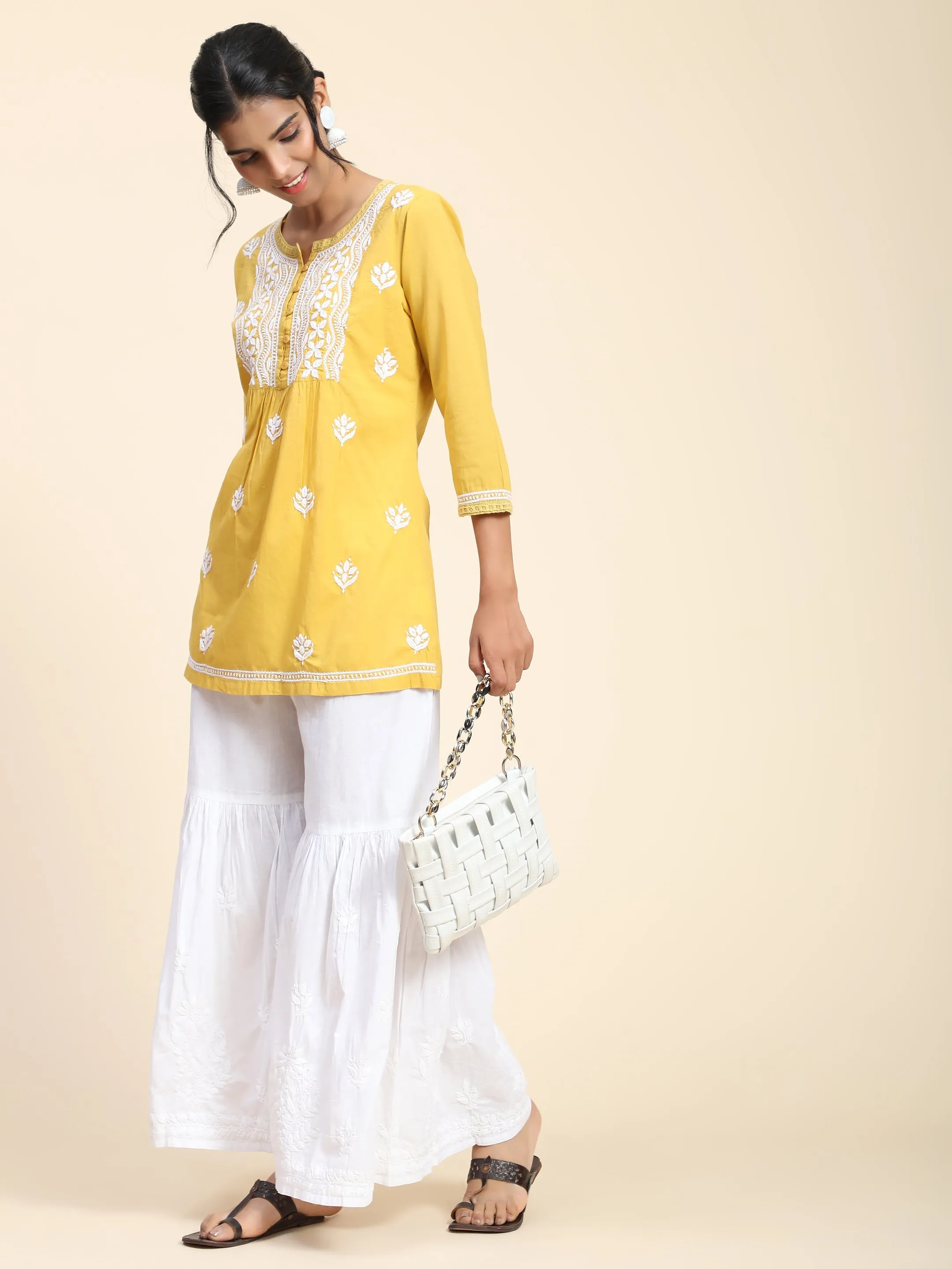 Hand Embroidery Chikankari Short Cotton Tunics-Yellow