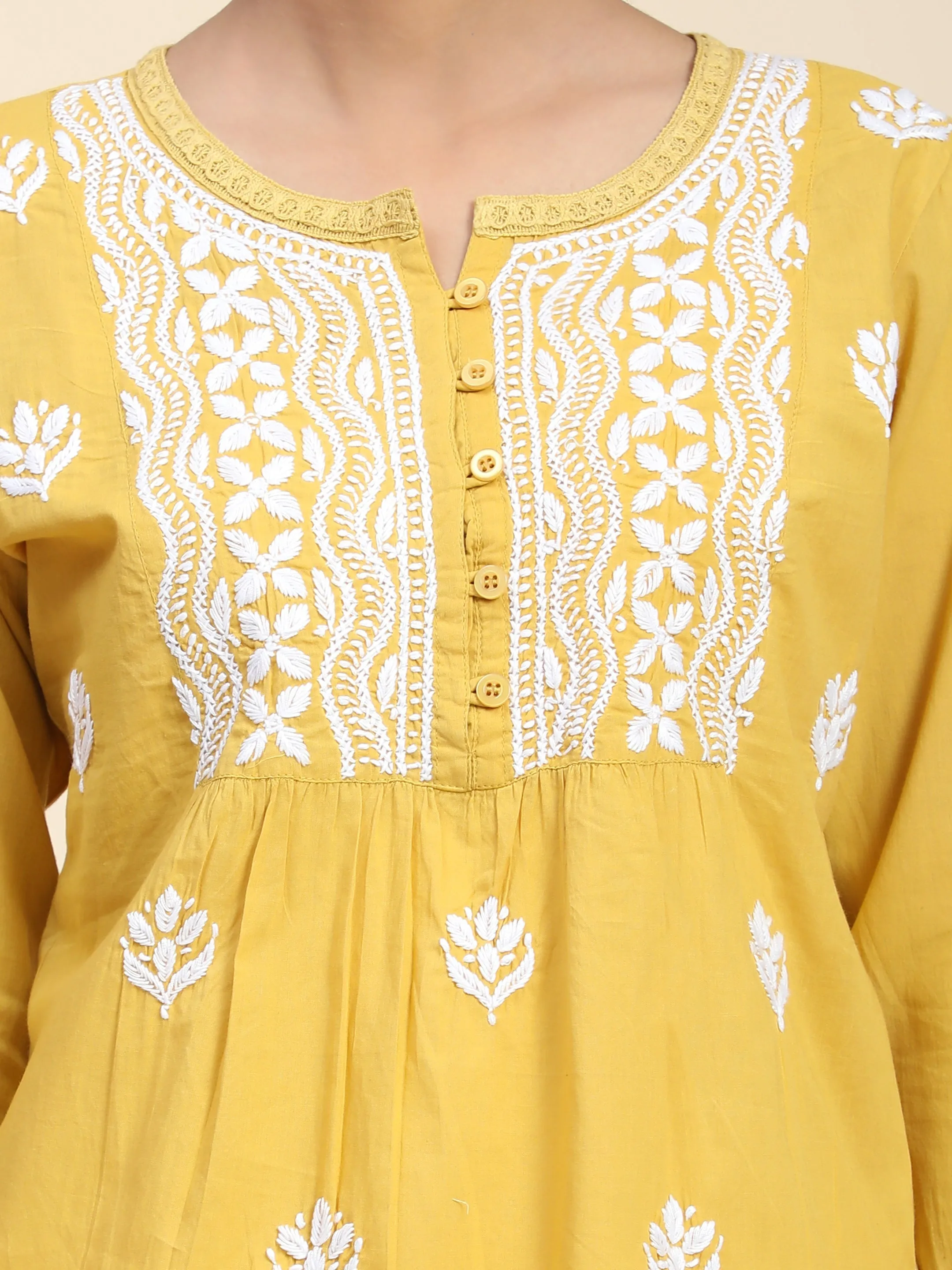 Hand Embroidery Chikankari Short Cotton Tunics-Yellow