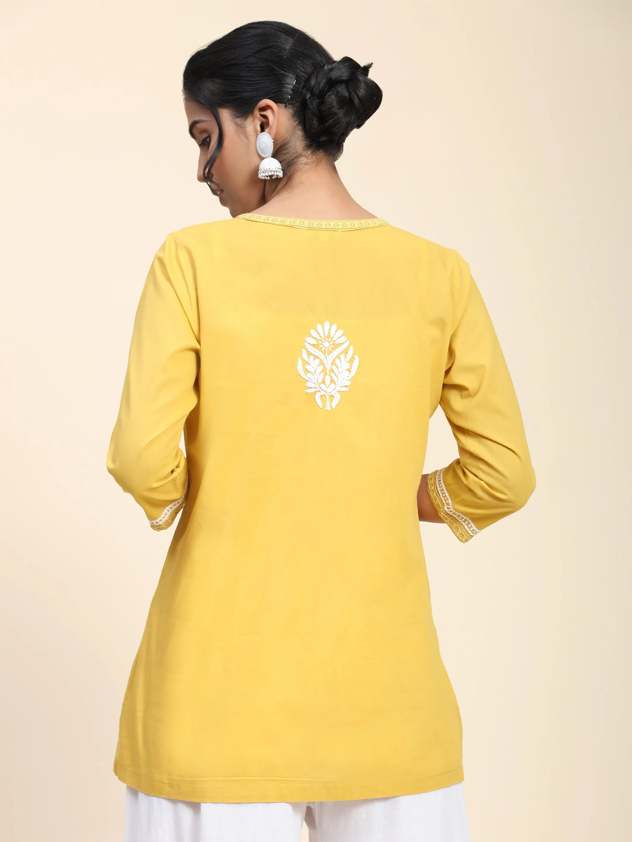 Hand Embroidery Chikankari Short Cotton Tunics-Yellow