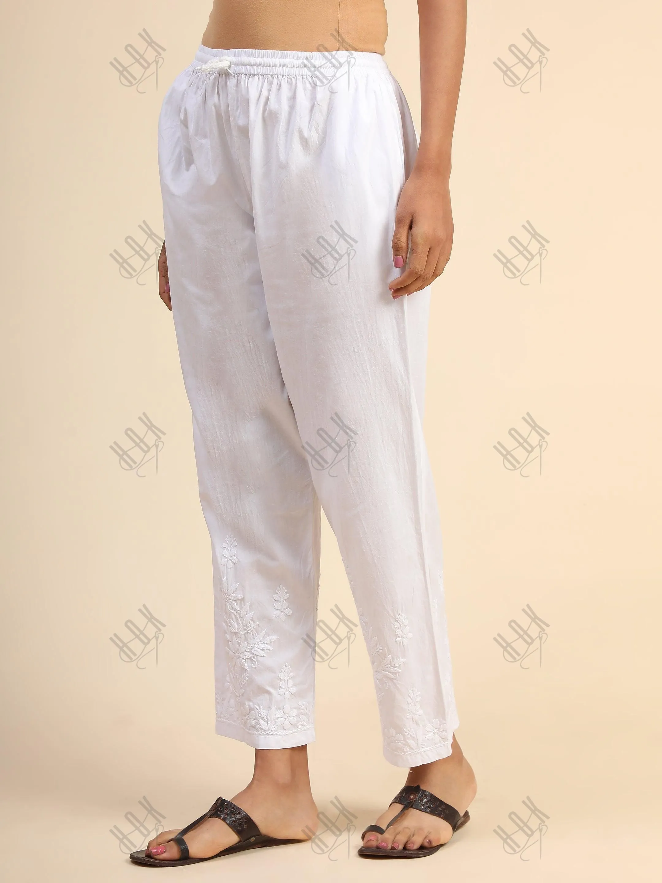 House Of Kari Chikankari Embroidered Cotton White Relaxed Pants-10