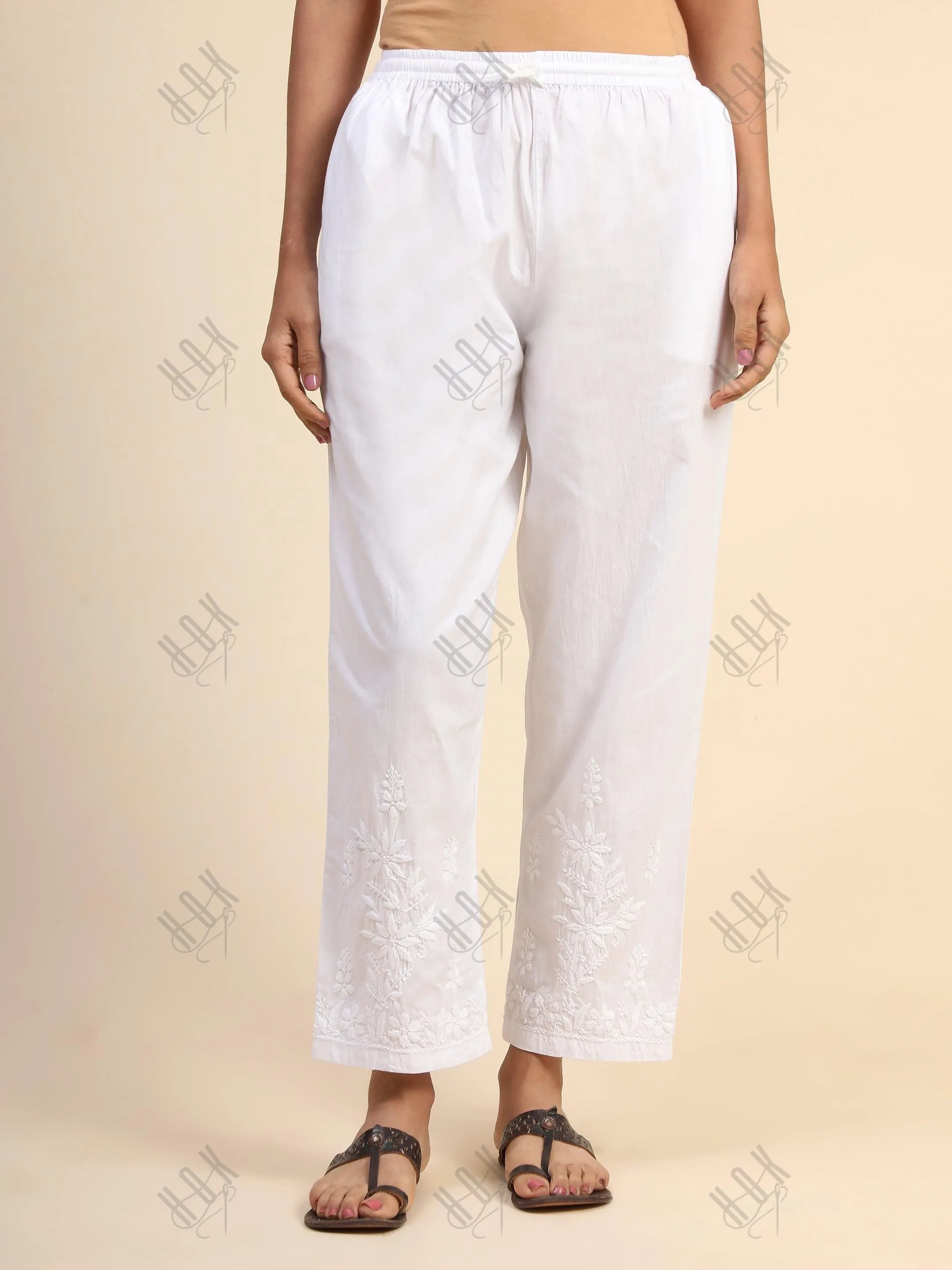 House Of Kari Chikankari Embroidered Cotton White Relaxed Pants-10