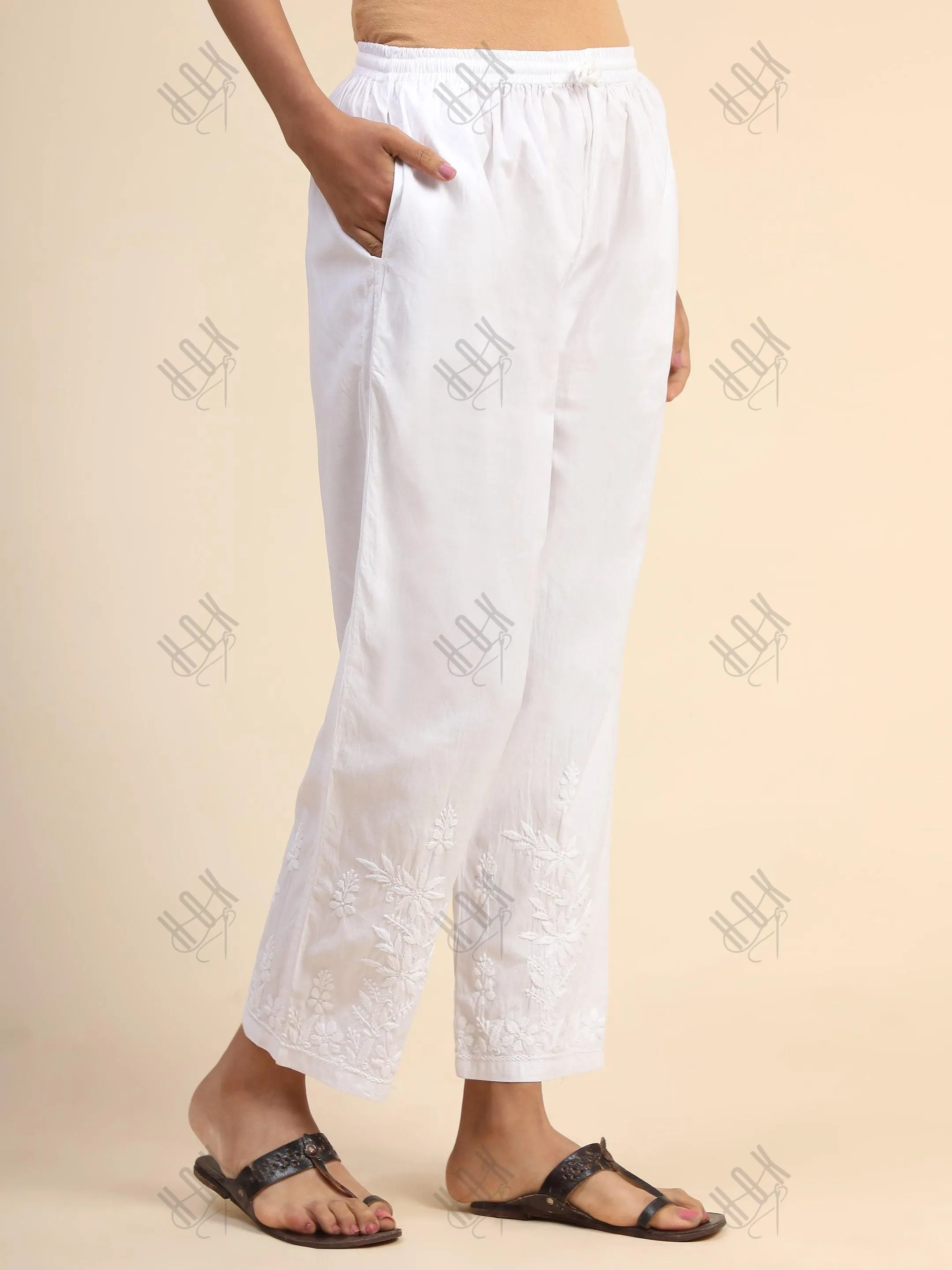 House Of Kari Chikankari Embroidered Cotton White Relaxed Pants-10