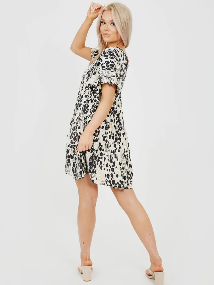 Isobel Abstract Leopard Print Frill Tiered Smock Dress In Beige