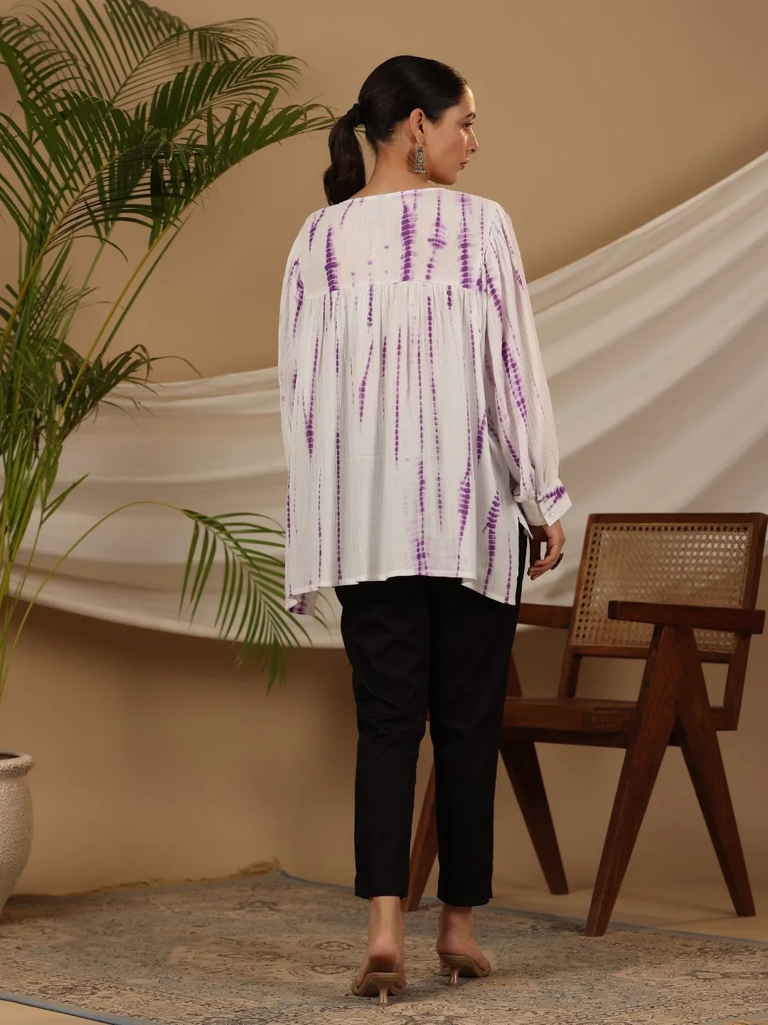 Juniper Lavender Mirror Embroidered Rayon Crepe Tie-Dye Tunic With Tassels