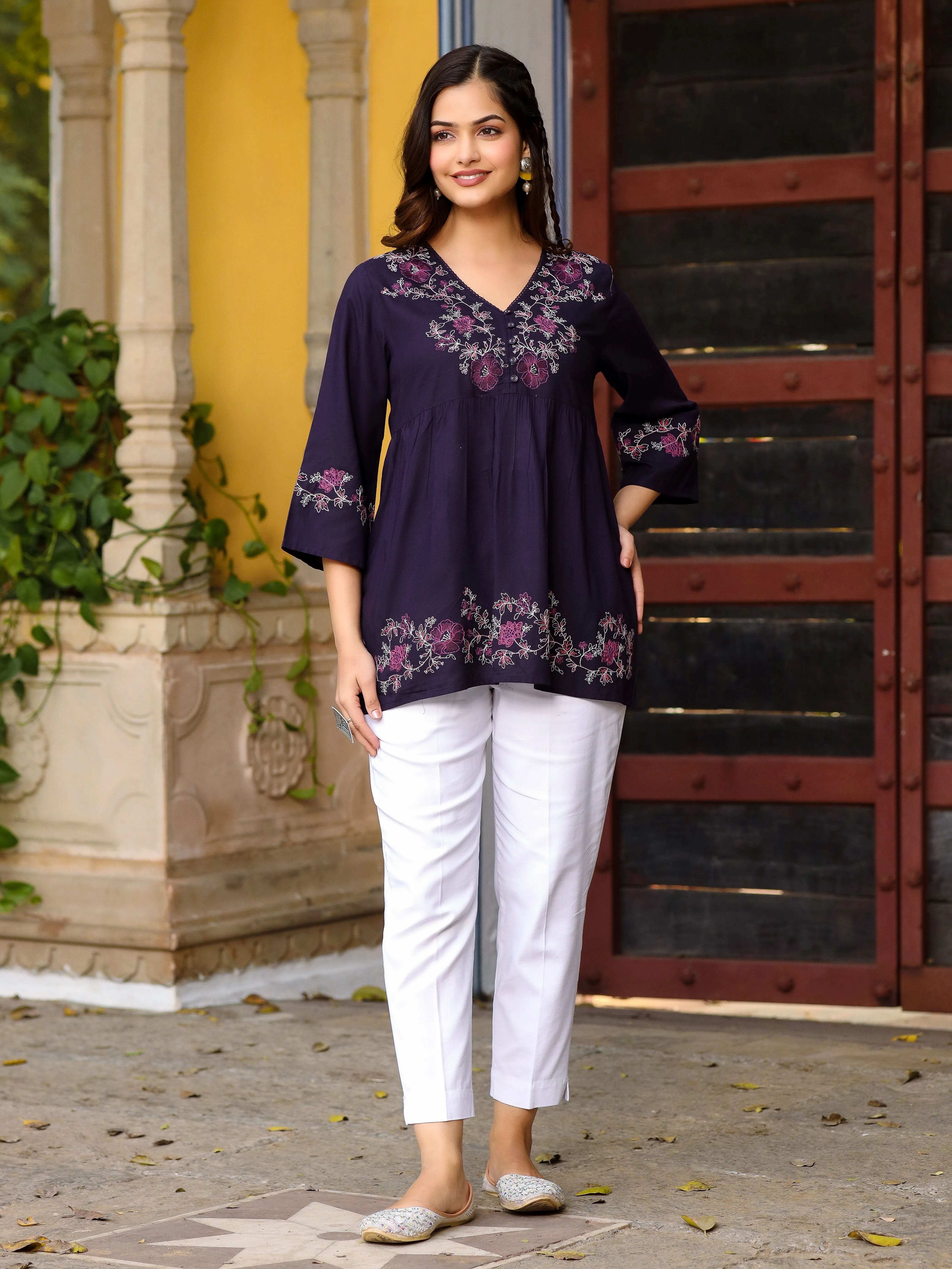 Juniper Purple Modal Rayon Alia-Cut Embroidered Tunic