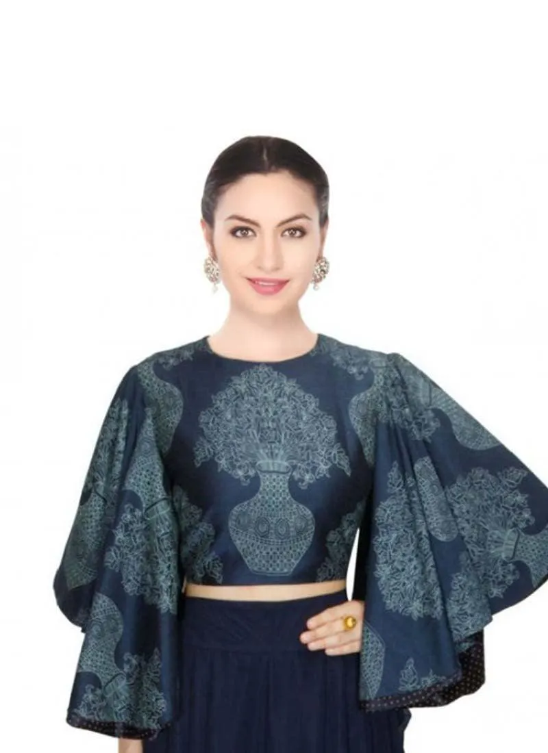 Kimono Sleeve Navy Blue Digital Printed Blouse