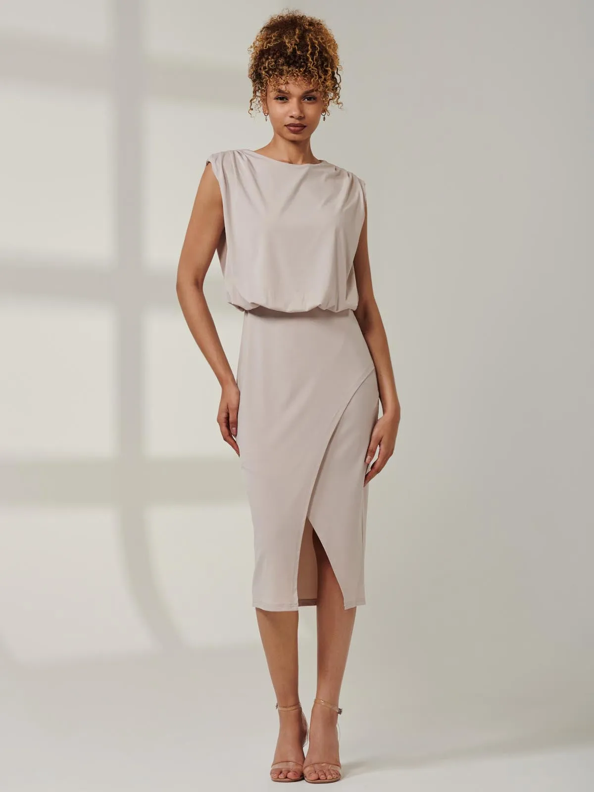 Kira Tiered Draped Bodycon Dress, Taupe