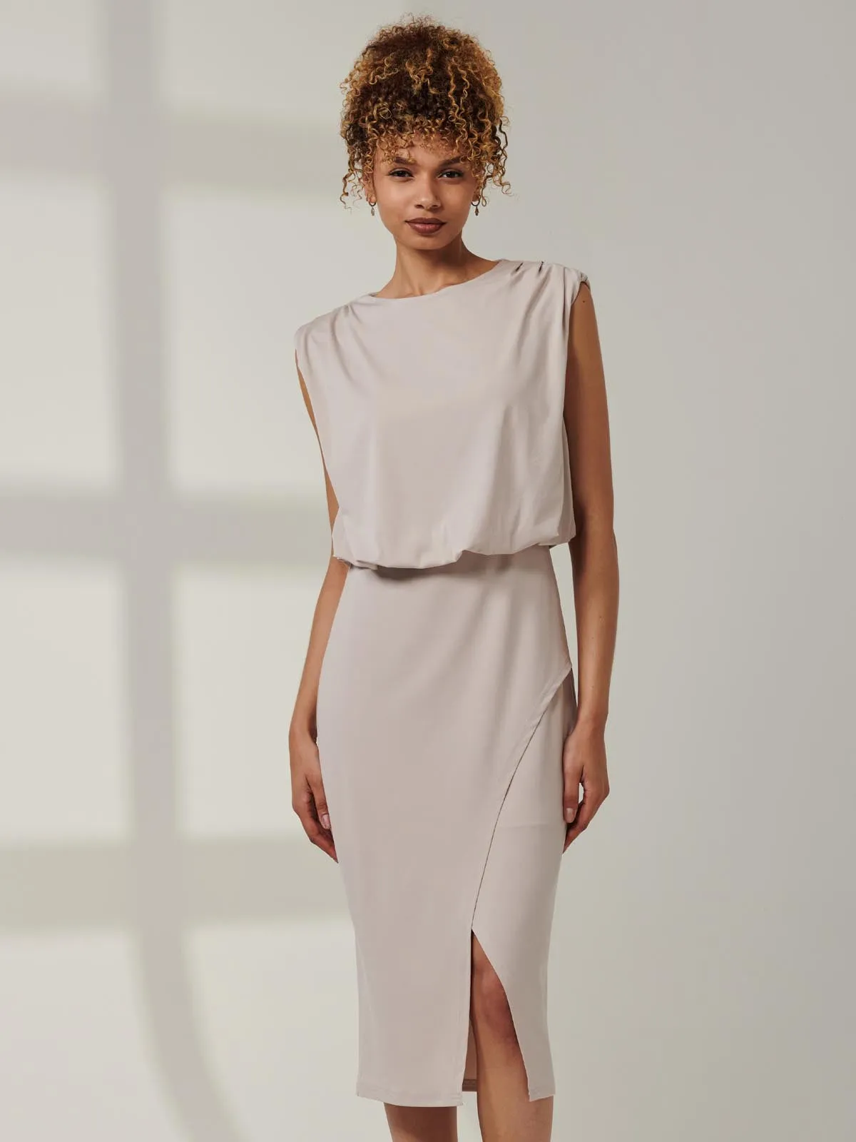 Kira Tiered Draped Bodycon Dress, Taupe