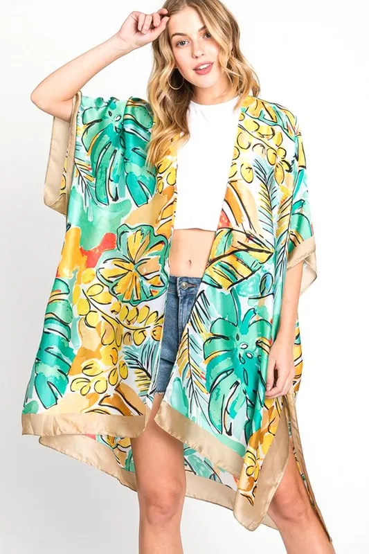 LA JEWELRY Tropical Leaf Print Silky Kimono Cover UP