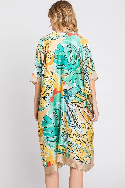 LA JEWELRY Tropical Leaf Print Silky Kimono Cover UP