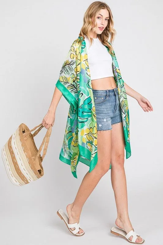 LA JEWELRY Tropical Leaf Print Silky Kimono Cover UP