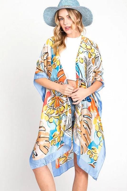 LA JEWELRY Tropical Leaf Print Silky Kimono Cover UP