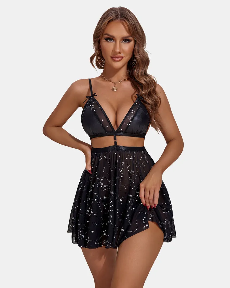 Lace Mesh V Neck Open Back Babydoll